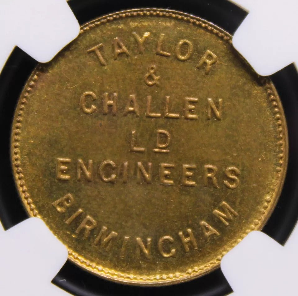 Taylor & Challen Advertising Token 19.5mm. Late 19thC Coin Press NGC MS64 top pop #2