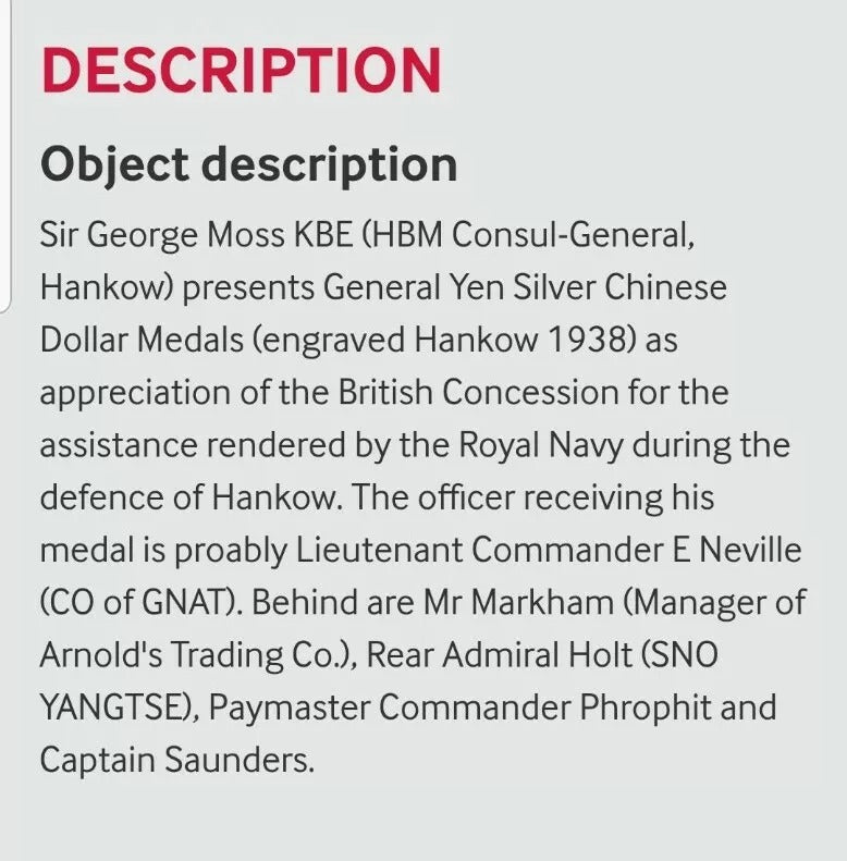 1914 Chinese Dollar coin/Medal, "1938 Hankow" Overstamp Medal Issued Royal Navy