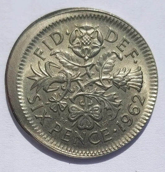 1962 6 pence error coin, 15% off centre strike