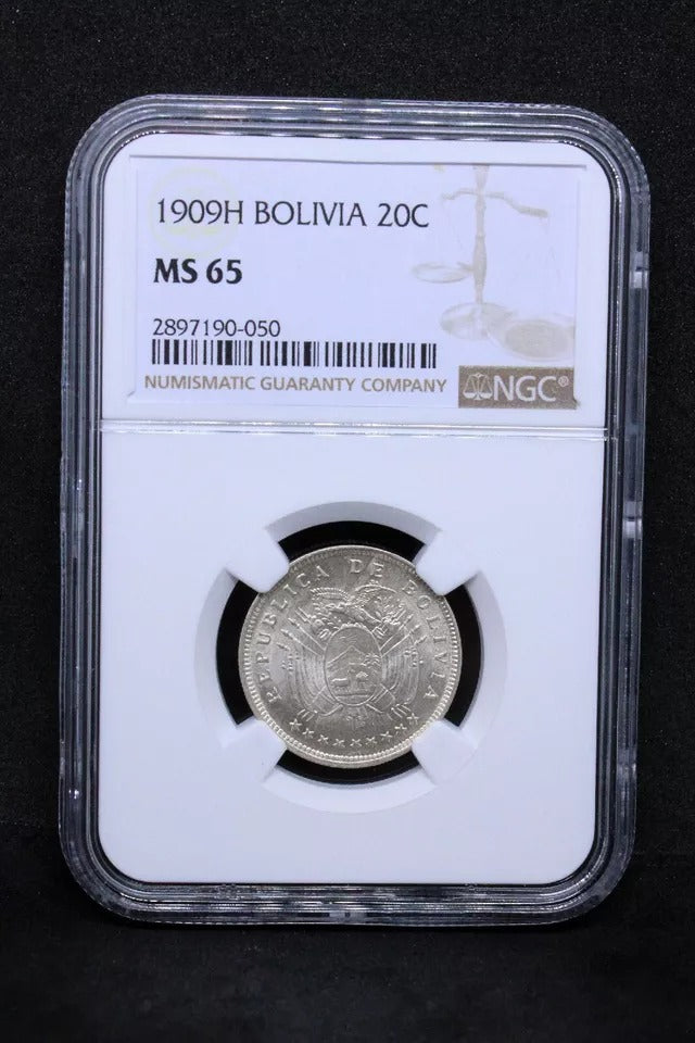 20 Centavos, 1909-H, Bolivia. KM-176. UNC NGC MS65