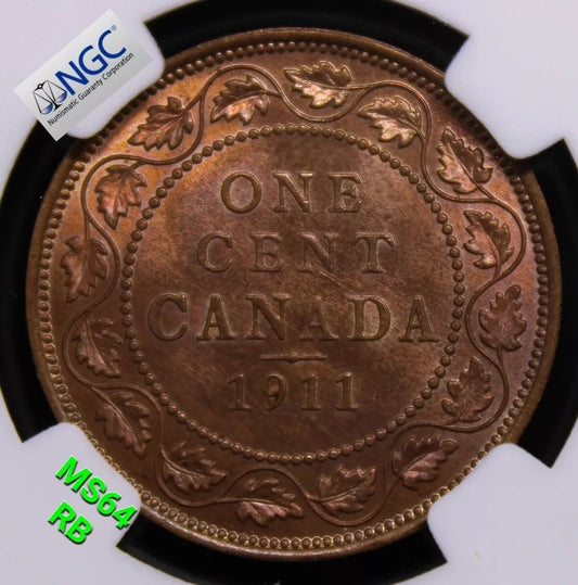 1 Cent 1911, Canada George V. KM-15. NGC MS64 RB