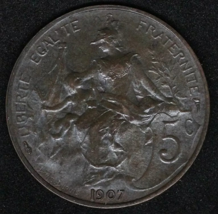 1907 5 Centimes - France UNC, high grade chocolate tone