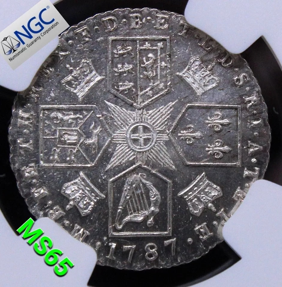 1787 six pence George III, With semée of hearts S.3749. BU NG.C MS65 SOLD..