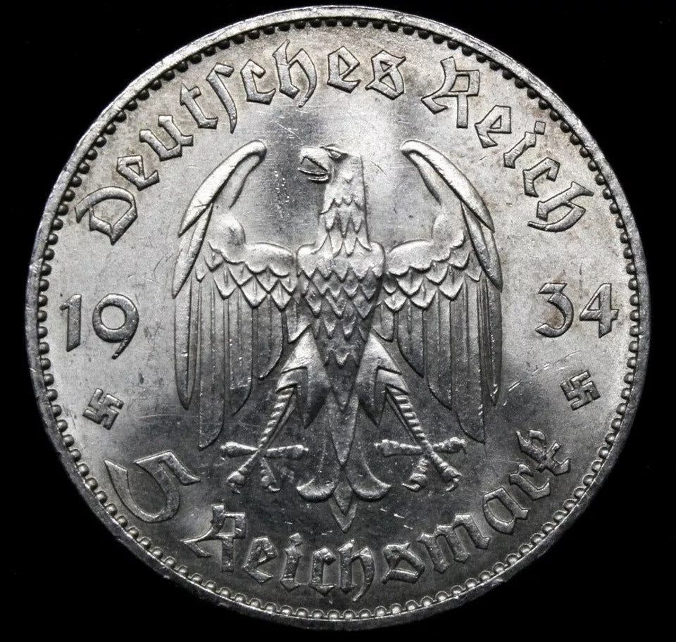 1934-J Postdam Church 5 Reichsmark, German Silver. KM-83 Rare Mint, Hamburg gEF