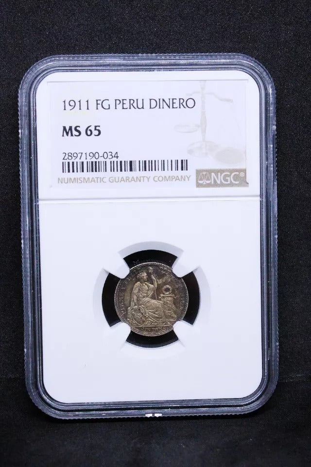 1911 FG/JF Dinero. Peru Silver Coin. KM-204.2 UNC NG MS65