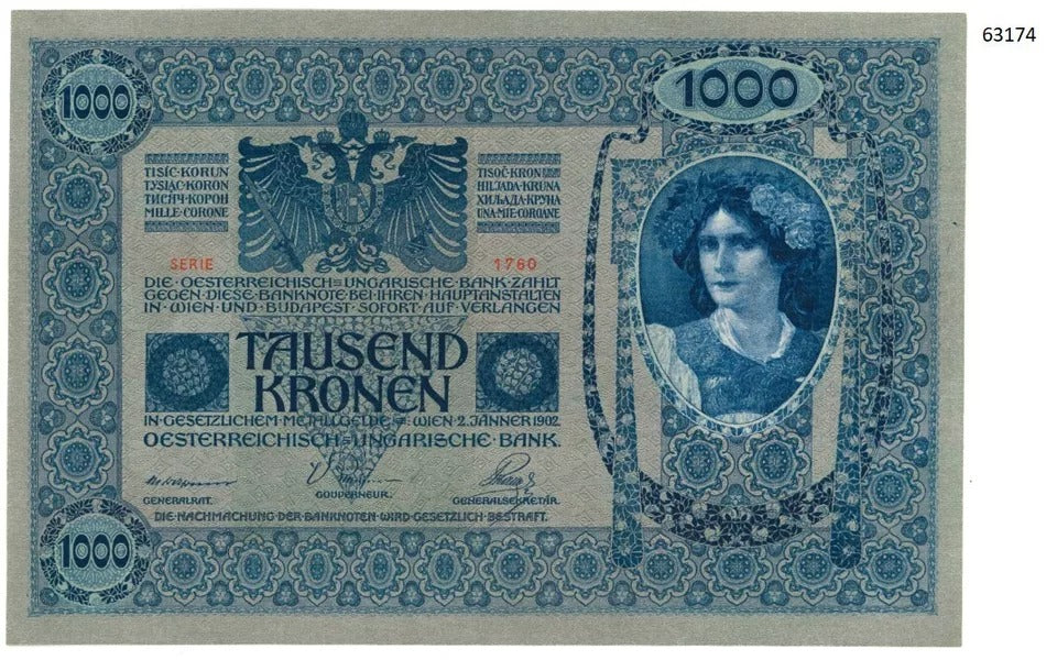 2 consecutive 1000 Kronen, Austria, 1902(1919) Pick 59. EPQ no tears/folds