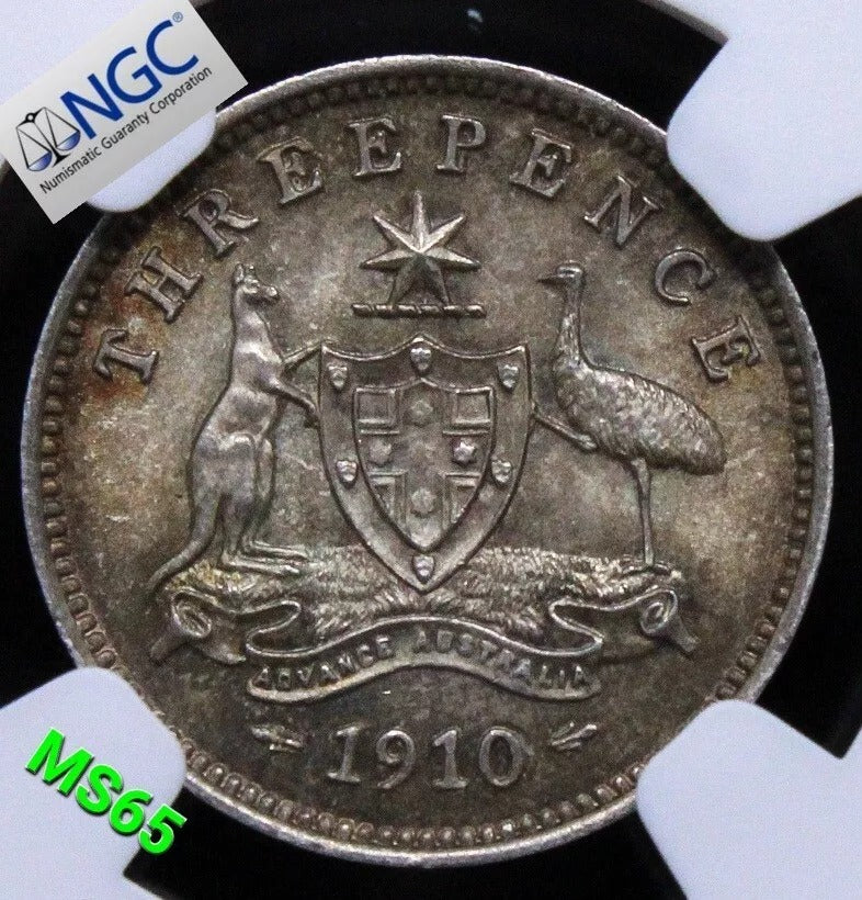 1910 3 Pence, Australia Silver Coin. King Edward Vii. BU NGC MS65 KM-18 #2