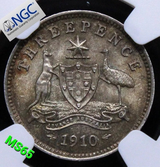 1910 3 Pence, Australia Silver Coin. King Edward Vii. BU NGC MS65 KM-18 #2