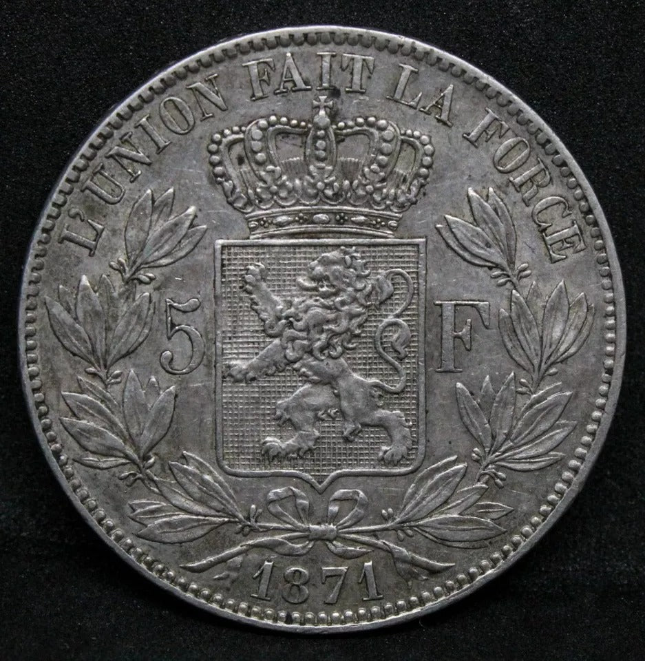 5 Francs, 1871. Belgium King Leopold II. KM-24 Crown 25g