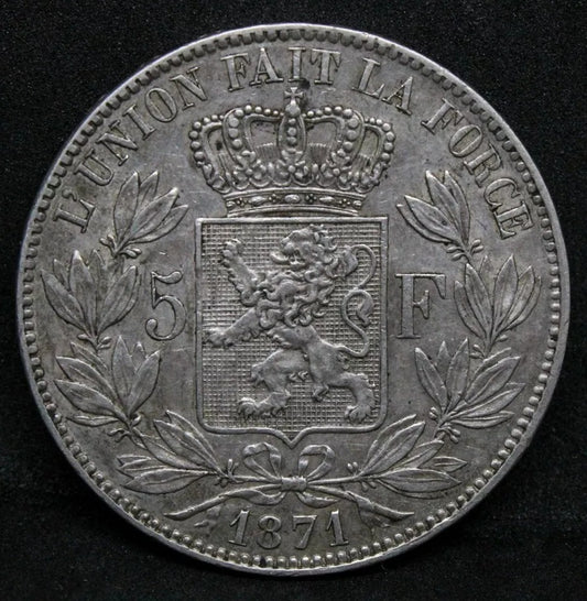 5 Francs, 1871. Belgium King Leopold II. KM-24 Crown 25g