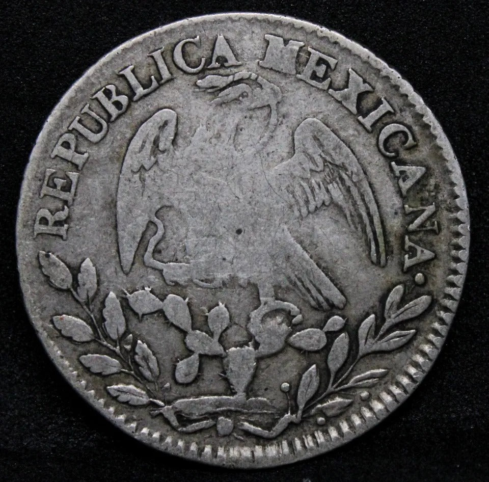2 Reales 1852 Go-PF. Mexico silver Coin. Error with Doubling to lettering. KM-37