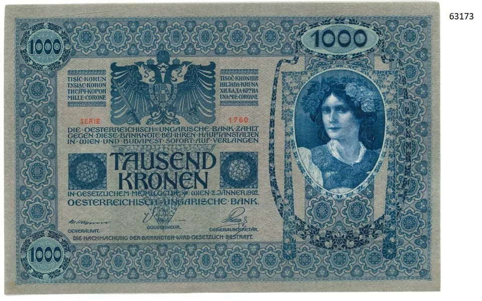 2 consecutive 1000 Kronen, Austria, 1902(1919) Pick 59. EPQ no tears/folds