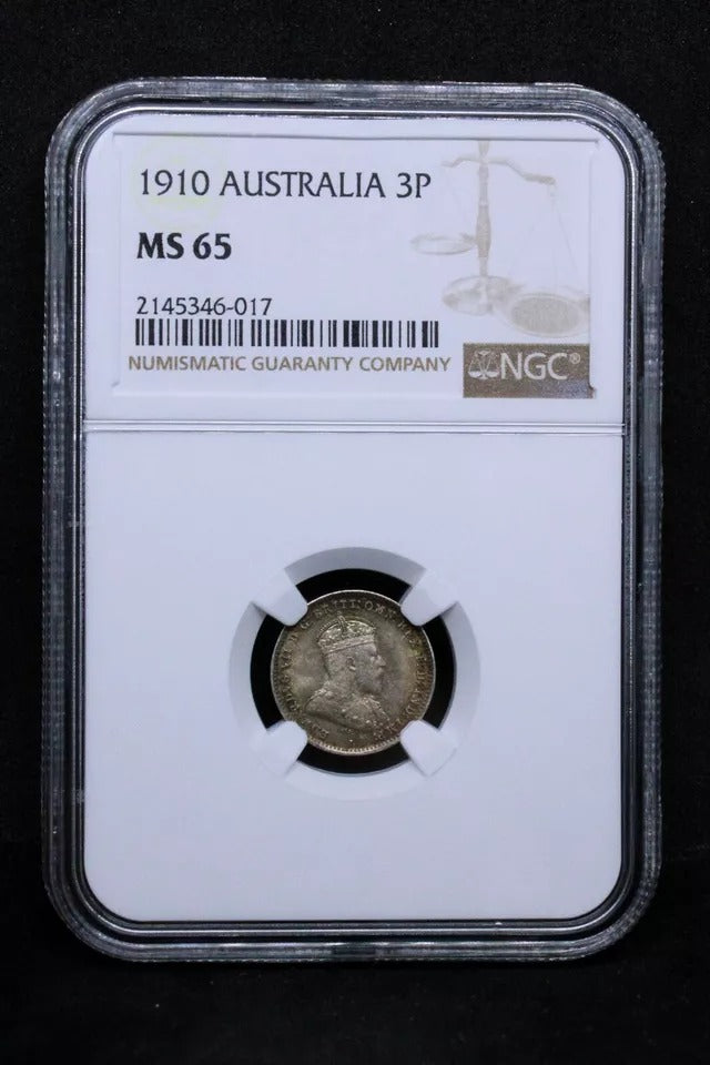 1910 3 Pence, Australia Silver Coin. King Edward Vii. BU NGC MS65 KM-18 #2