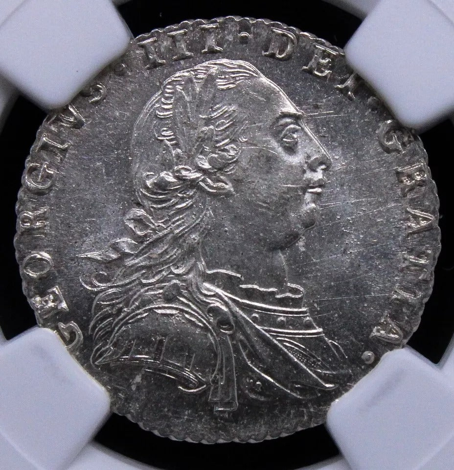 1787 six pence George III, With semée of hearts S.3749. BU NG.C MS65 SOLD..