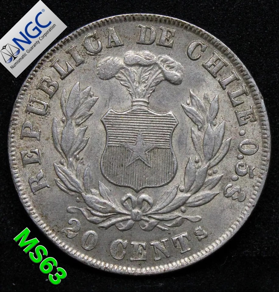 20 Centavos 1880. Chile. KM-138.2 UNC NGC MS63