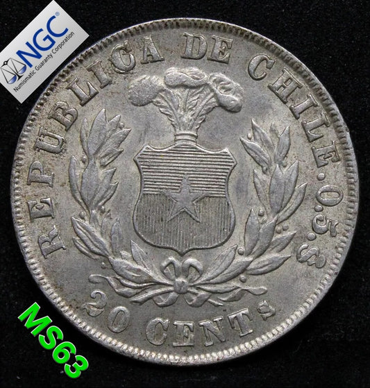 20 Centavos 1880. Chile. KM-138.2 UNC NGC MS63
