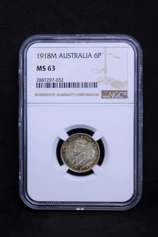 6 Pence 1918. Australia King George V. KM-25. NGC MS63 UNC