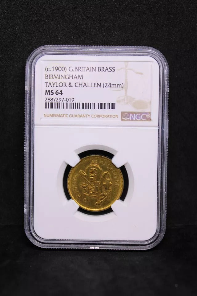 Taylor & Challen Advertising Token 24mm. Late 19thC Coin Press NGC MS64 top p