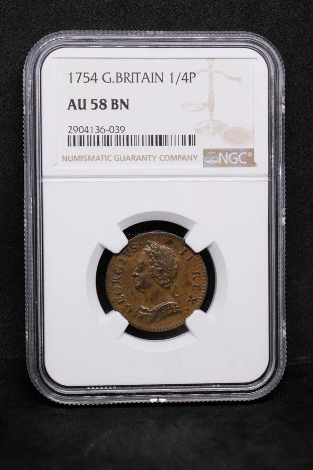 1 Farthing 1754. George II. "Georgivs" S.3722. aUNC NGC AU58BN