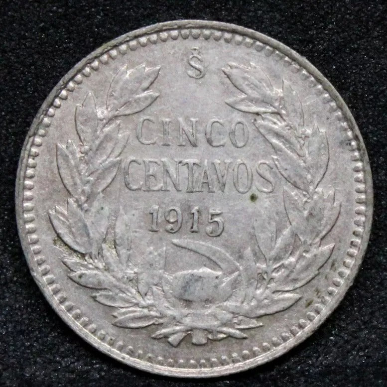 5 Centavos 1915/5 overdate+Curved 5. Chile silver coin. KM-155.3 UNC