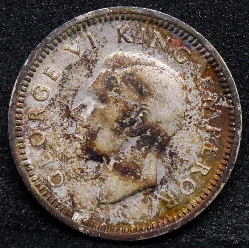 1945 Three Pence George VI New Zealand UNC KM-1, Colourful tones