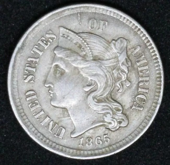 1865 3 Cents, USA aUNC, Moderate Die Clashing On Both Sides Error