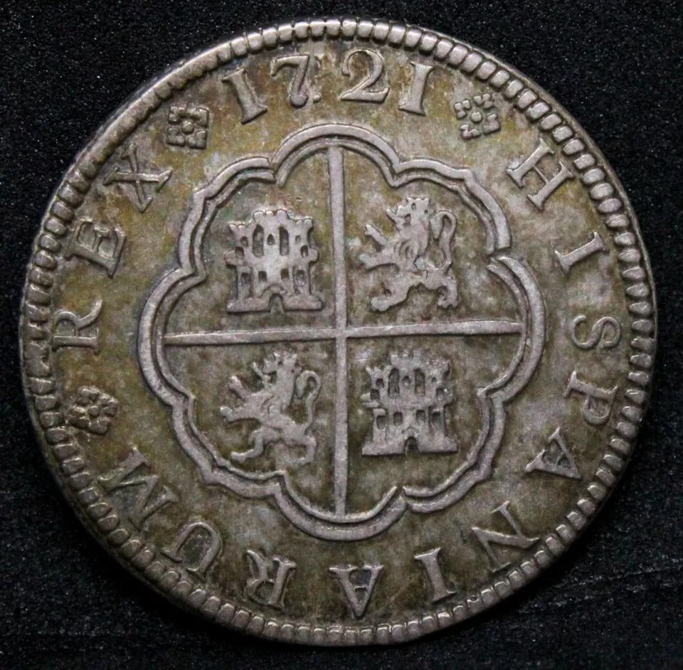 1721 JJ CA Phillip V 2 Reales, Spain. aUNC. Very high quality, green/amber tones