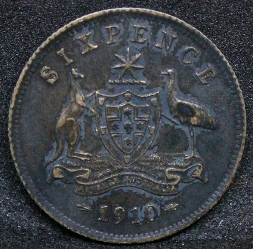 1910 6 Pence Australia Silver Coin. King Edward VII. KM-19 Ef With Blue Hue