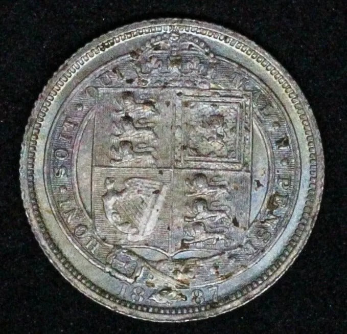1887 withdrawn 6 pence six pence Victoria UNC, rainbow Toning on Rev