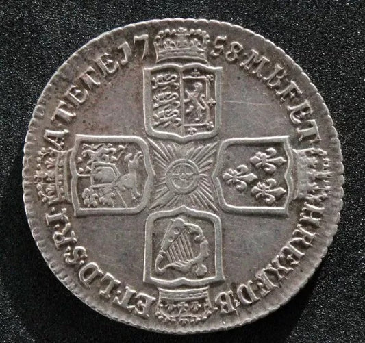 1758 Shilling, George II Silver Coin aEF.