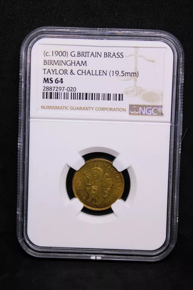 Taylor & Challen Advertising Token 19.5mm. Late 19thC Coin Press NGC MS64 top p