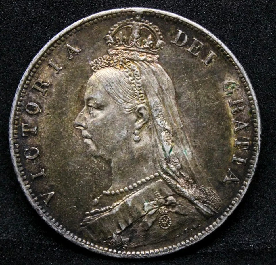1889 1/2 Crown, Queen Victoria. KM-764 High Grade With Golden Toning