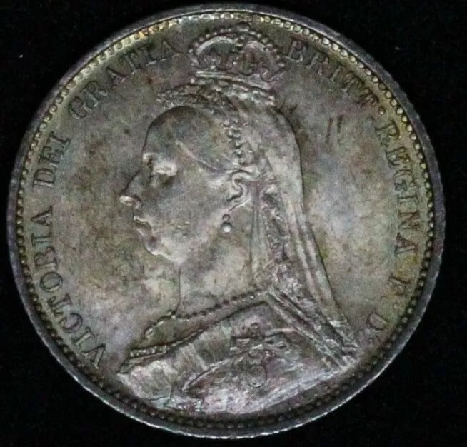 1887 withdrawn 6 pence six pence Victoria UNC, rainbow Toning on Rev
