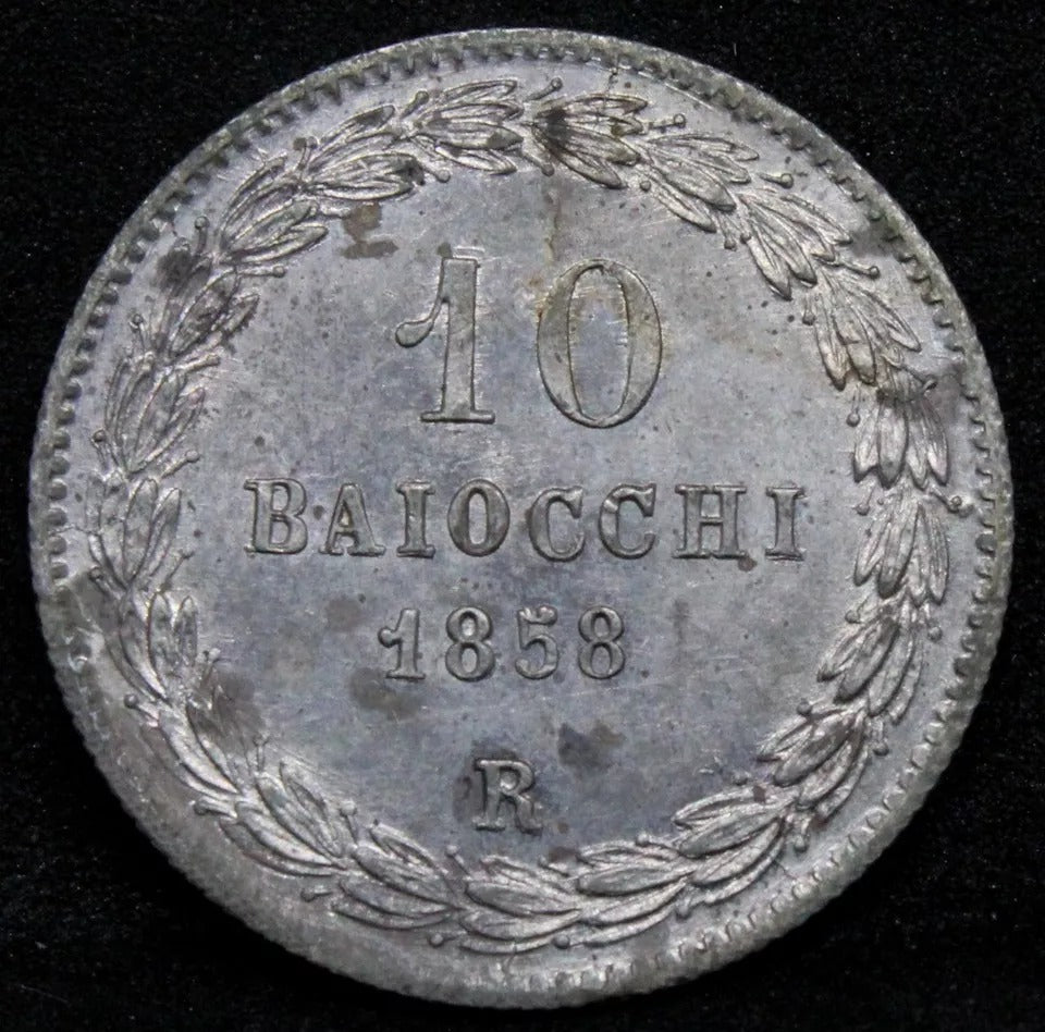 10 Baiocchi 1858, Pope Pius IX. Papal States. KM-1342b. aUNC