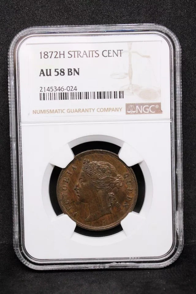 1 cent 1872-H. Straits settlements. Queen Victoria. KM-9. NGC AU58, rare
