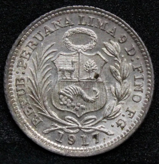 1917 1/2 Dinero. Peru Silver Coin. KM-206.2 UNC