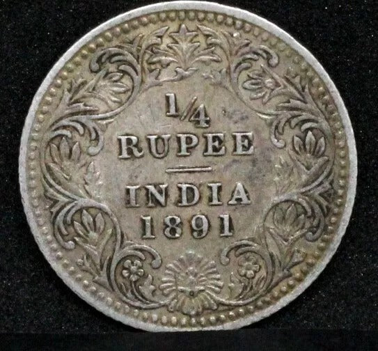 1891-C incuse 1/4 Rupee British-India Victoria, KM 490 EF