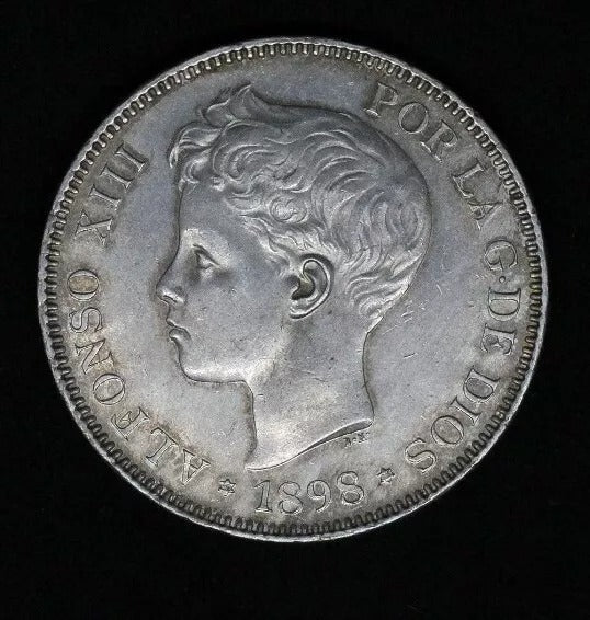 1898 5 Pesetas Spain- Alfonso XIII young portrait very high grade aUNC bag marks