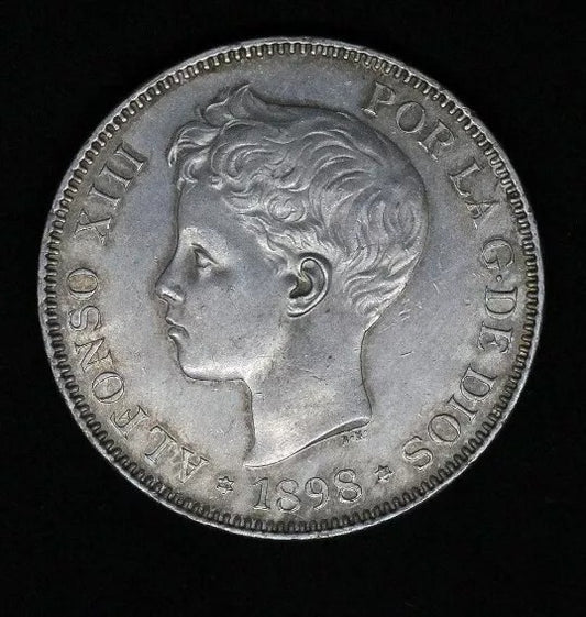 1898 5 Pesetas Spain- Alfonso XIII young portrait very high grade aUNC bag marks
