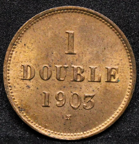 1 Double 1903 -H, Guernsey Bronze Coin. KM-10 BU + lustre