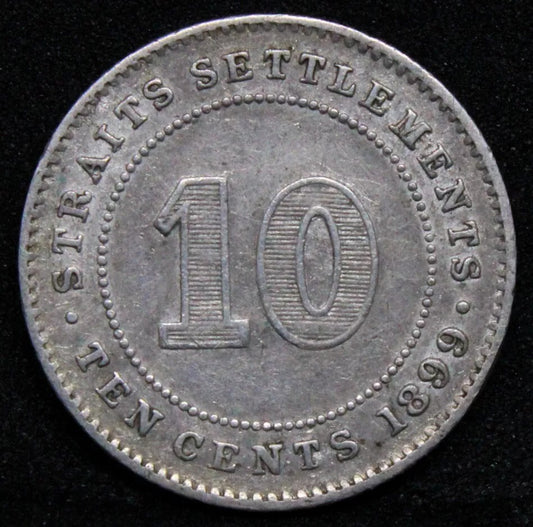 1899 straits settlements 10 Cents, Queen Victoria. KM-11 aEF