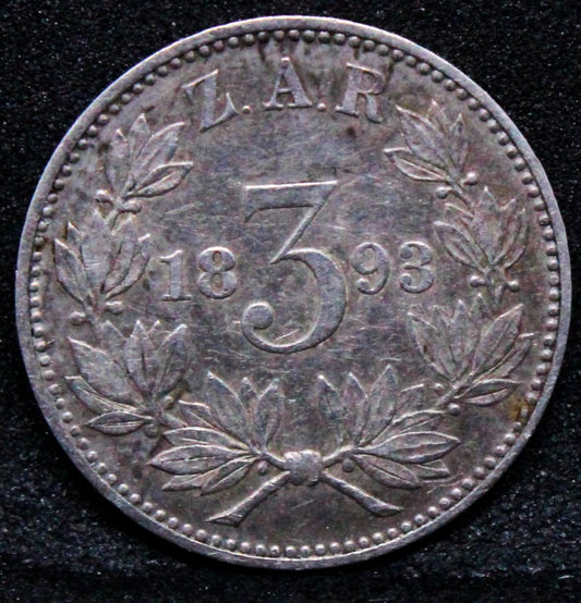 1893 3 Pence, South Africa. VF. Rare key date any grade. REF KM3