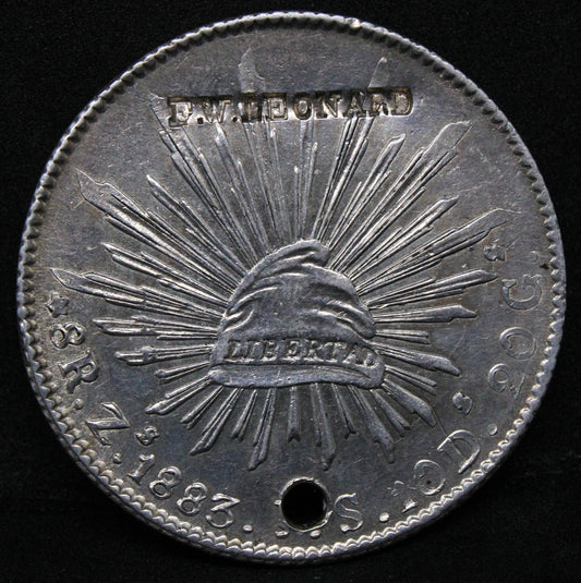 1883 8 Reales Zs-Js. Mexico Silvr. Holed and Marked "F.W.Leonard"