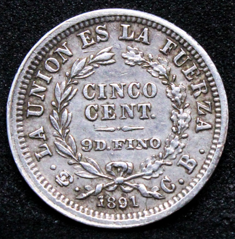 1891 5 Centavos, Bolivia silver. KM-157 EF