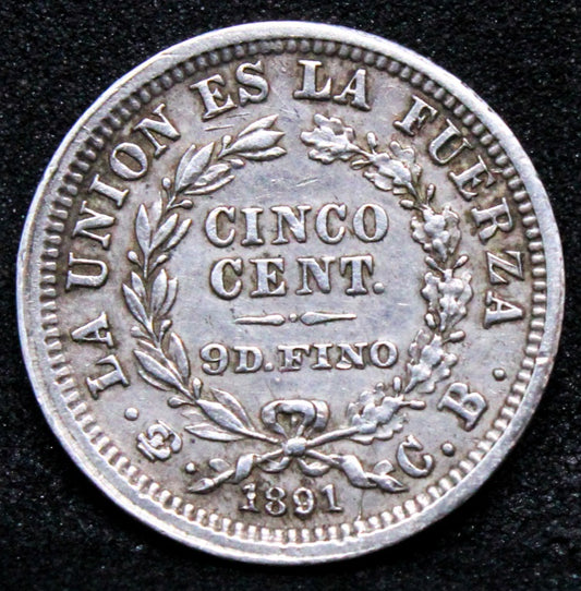 1891 5 Centavos, Bolivia silver. KM-157 EF