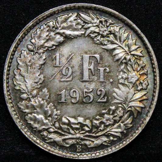 1952 Switzerland 1/2 Franc KM# 23 UNC +toning