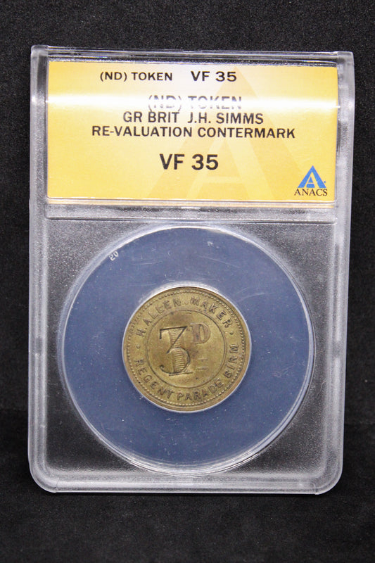 ND token. Great Britain J.H Simms, with revaluation countermark (1d to 3d) ANACS VF35