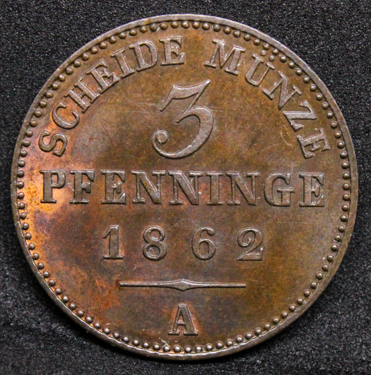 1862- A 3 Pfennigs William I. Prussia Copper coin. KM-482 UNC