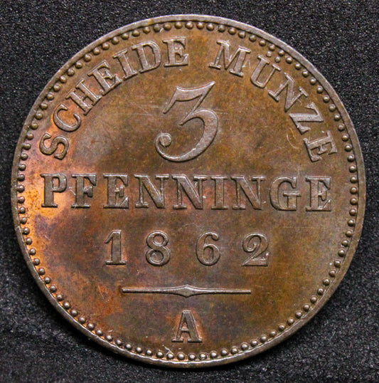 1862- A 3 Pfennigs William I. Prussia Copper coin. KM-482 UNC