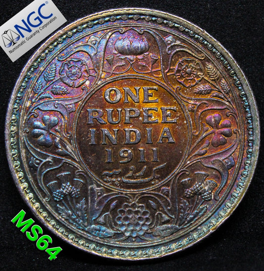 1911(B) BRITISH-INDI.A RUPEE , George V .NGC MS 64 SOLD..